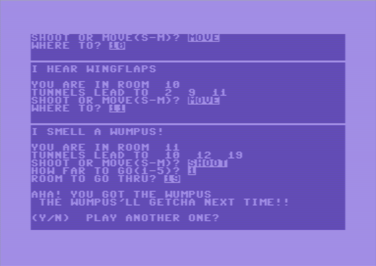 A gameplay screenshot showing victory in Hunt the Wumpus